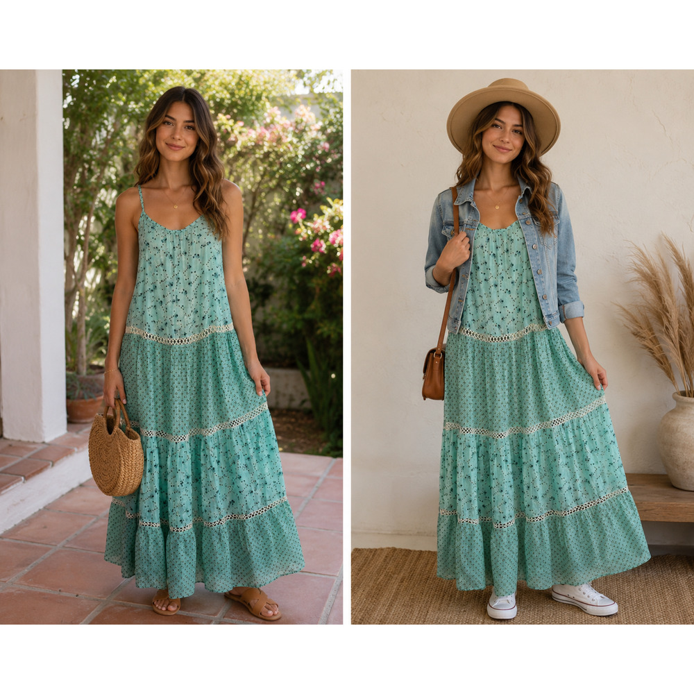 NWT Debbie Katz South Beach Womens Maxi Dress Aqua Tiered Crochet Coastal Sz-S
